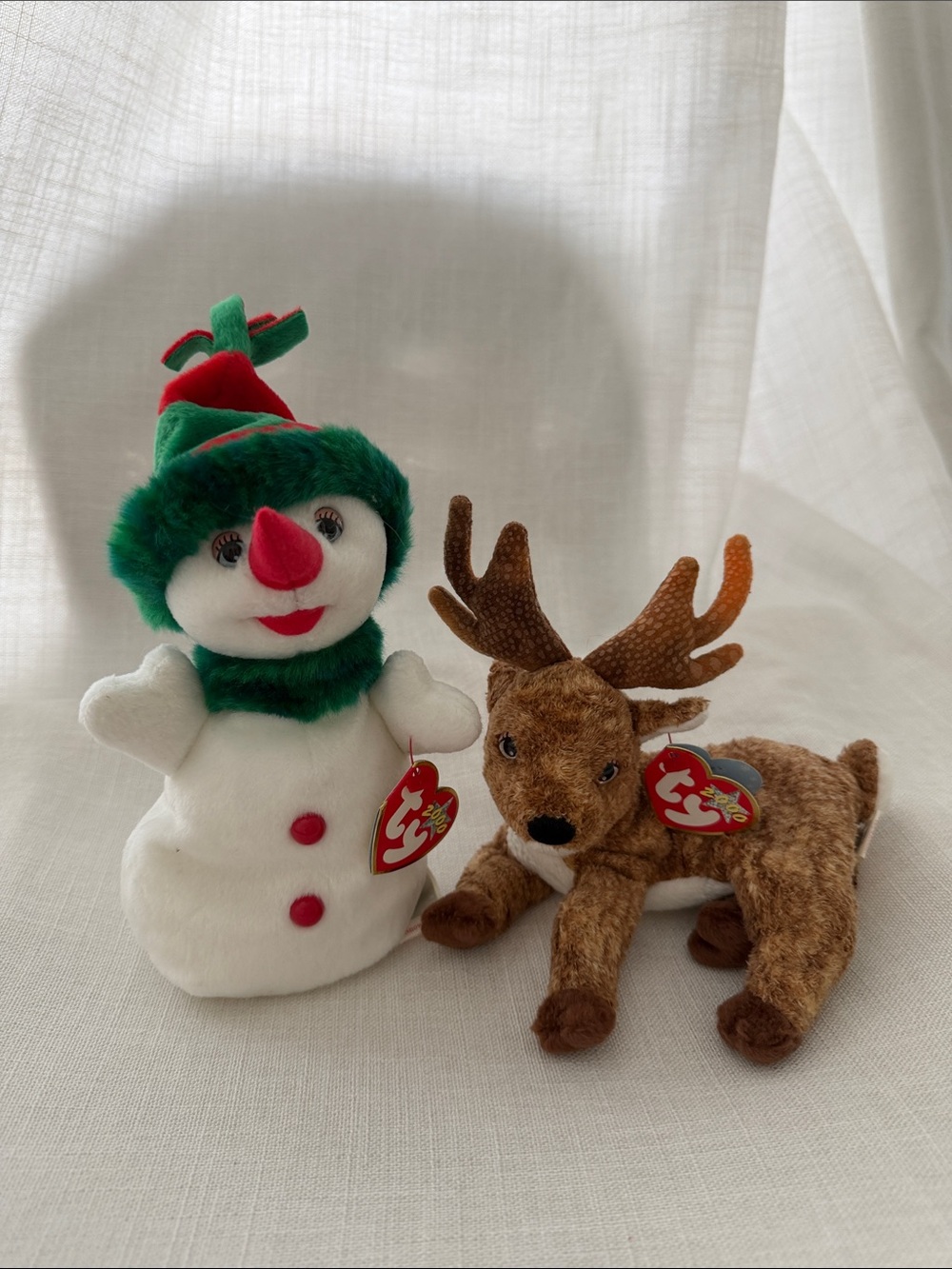 Ty Holiday Snowman and Reindeer Plush Set - White, Green, Red, Brown